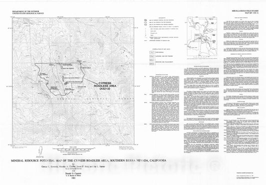 Map : Mineral resource potential map of the Cypress Roadless Area, southern Sierra Nevada, California, 1983 Cartography Wall Art :
