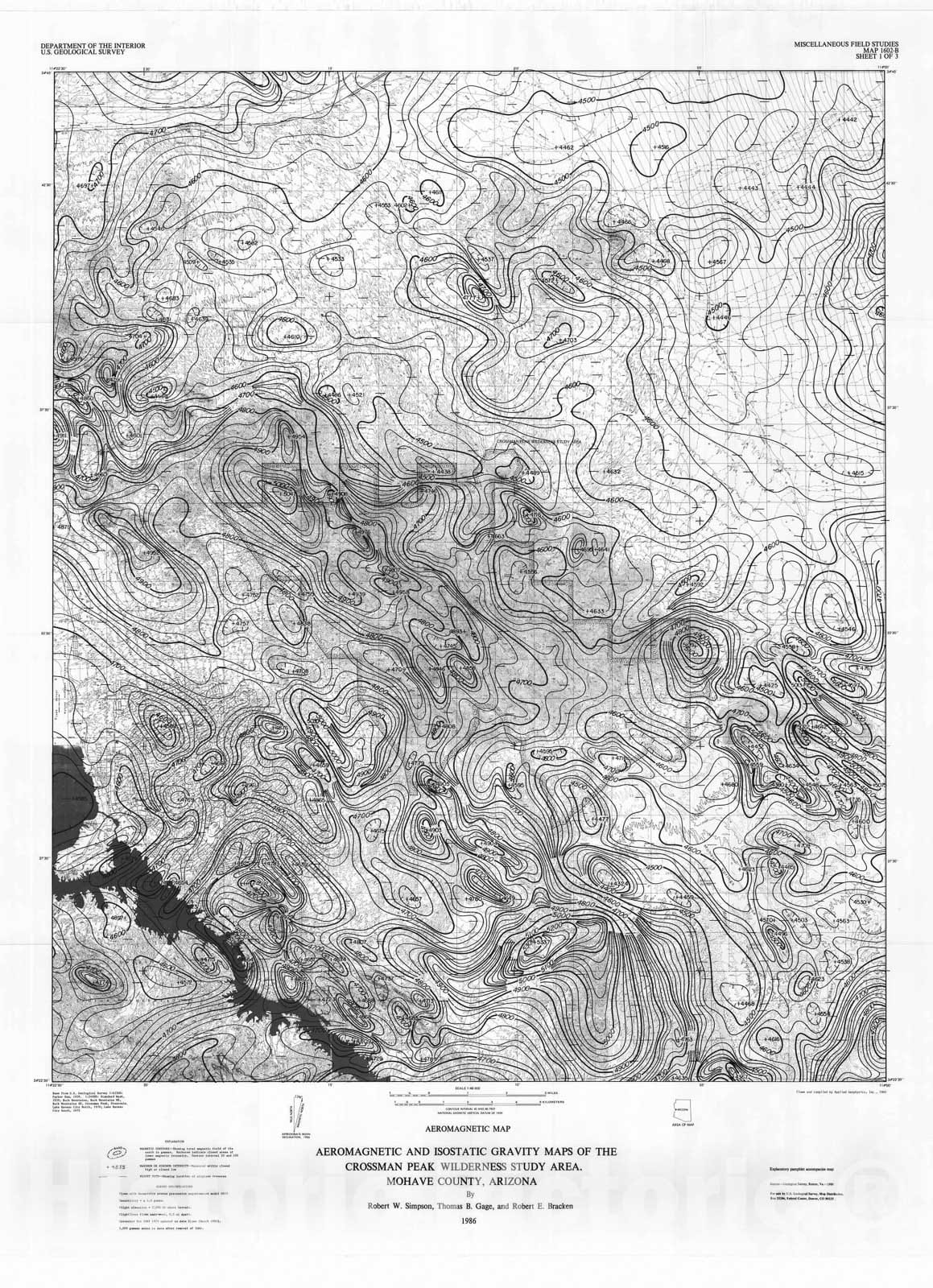Map : Aeromagnetic and isostatic gravity maps of the Crossman Peak Wilderness Study Area, Mohave County, Arizona, 1986 Cartography Wall Art :