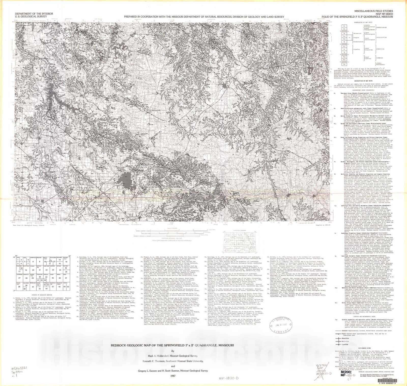 Map : Bedrock geologic map of the Springfield one degree x two degrees quadrangle, Missouri, one987 Cartography Wall Art :