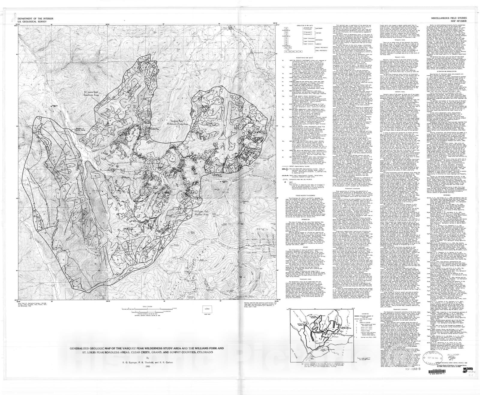 Map : Generalized geologic map of the Vasquez Peak Wilderness and the Williams Fork and St. Louis Peak Roadless Areas, Clear Creek, Gran, 1985 Cartography Wall Art :