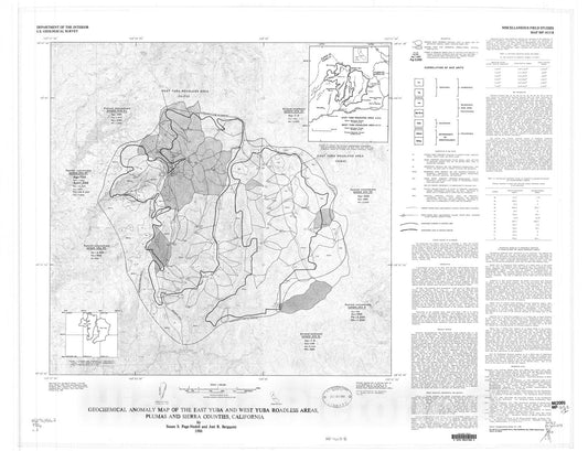 Map : Geochemical anomaly map of the East Yuba and West Yuba Roadless Areas, Plumas and Sierra Counties, California, 1986 Cartography Wall Art :