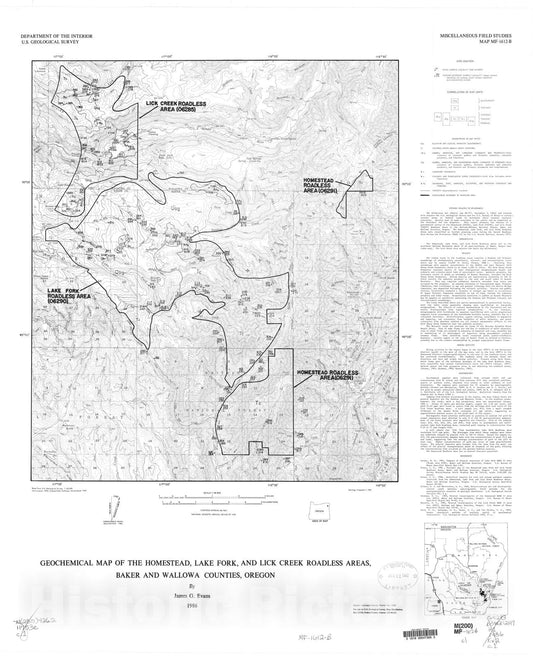 Map : Geochemical map of the Homestead, Lake Fork, and Lick Creek Roadless Areas, Baker and Wallowa Counties, Oregon, 1986 Cartography Wall Art :