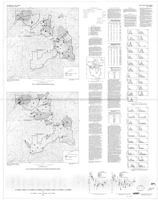 Map : Geochemical maps of the Moses and Dennison Peak Roadless Areas, Tulare County, California, 1984 Cartography Wall Art :