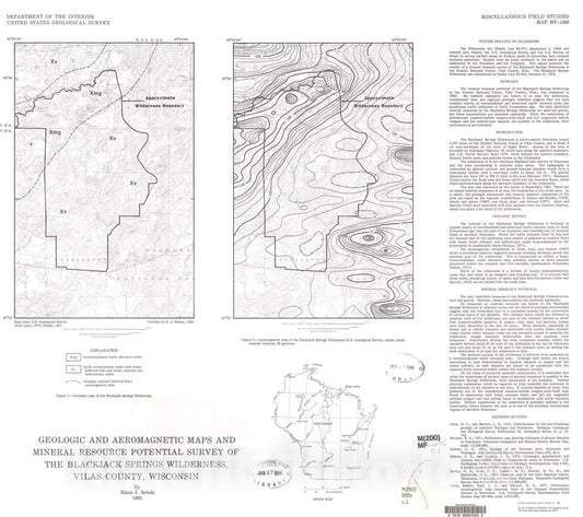 Map : Geologic and aeromagnetic maps and mineral resource potential survey of the Blackjack Springs Wilderness, Vilas County, Wisconsin, 1983 Cartography Wall Art :