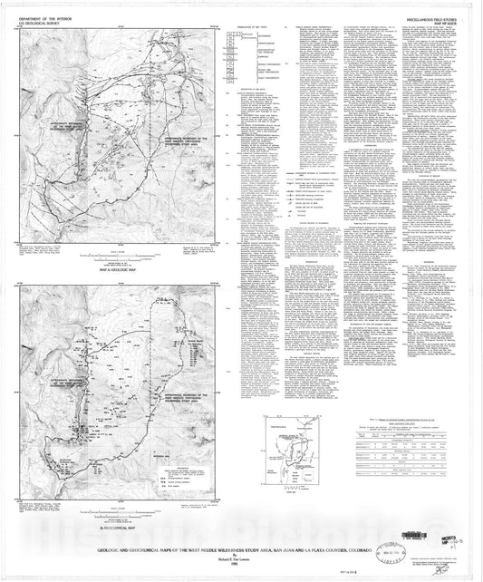Map : Geologic and geochemical maps of the West Needle Wilderness Study Area, San Juan and La Plata Counties, Colorado, 1985 Cartography Wall Art :