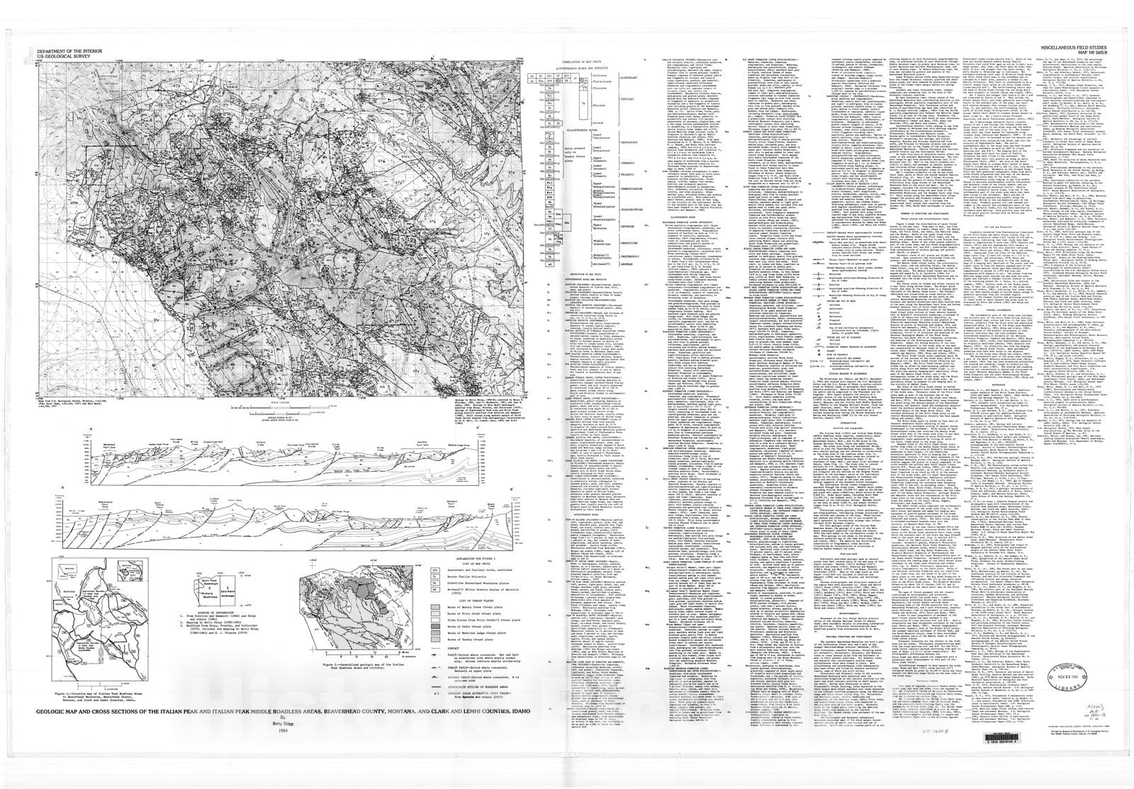 Map : Geologic map and cross sections of the Italian Peak and Italian Peak Middle Roadless Areas, Beaverhead County, Montana, and Clark, 1984 Cartography Wall Art :