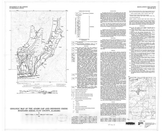 Map : Geologic map of the Adams Gap and Shinbone Creek Roadless Areas, Clay County, Alabama, 1984 Cartography Wall Art :