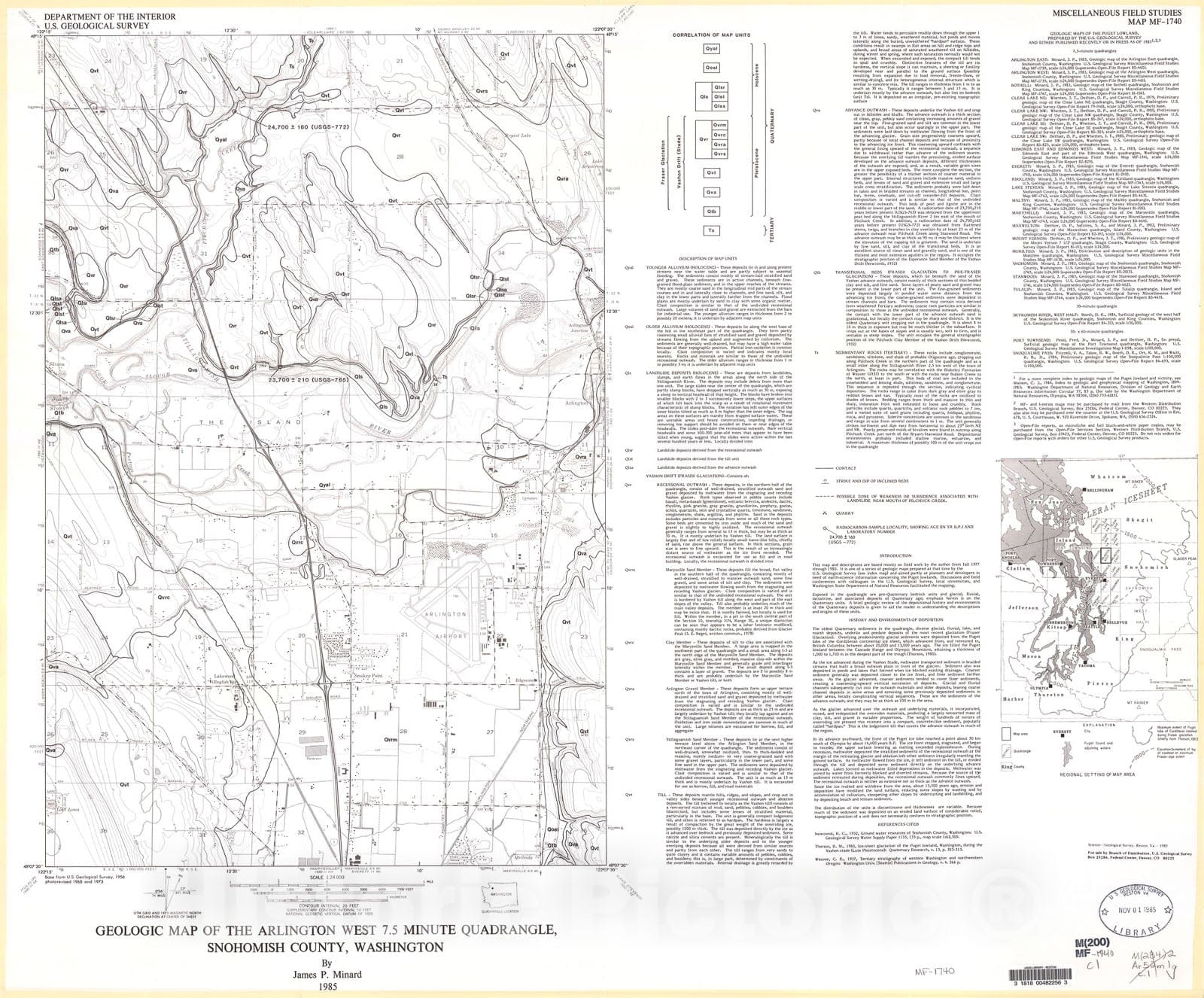 Map : Geologic map of the Arlington West 7.5 minute quadrangle, Snohomish County, Washington, 1985 Cartography Wall Art :