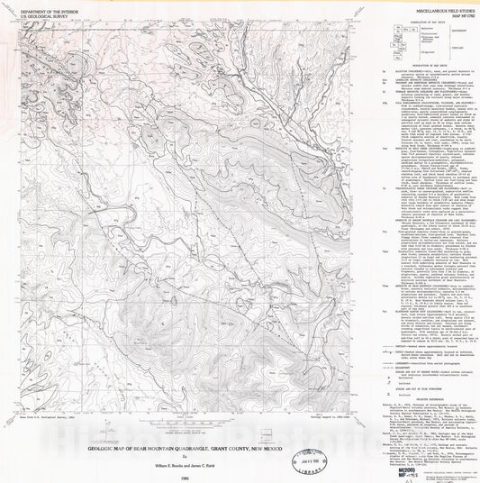 Map : Geologic map of the Bear Mountain quadrangle, Grant County, New Mexico, 1985 Cartography Wall Art :