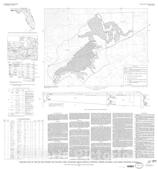 Map : Geologic map of the Big Gum Swamp and Natural Area Roadless Areas, Osceola National Forest, Columbia and Baker Counties, Florida, 1984 Cartography Wall Art :