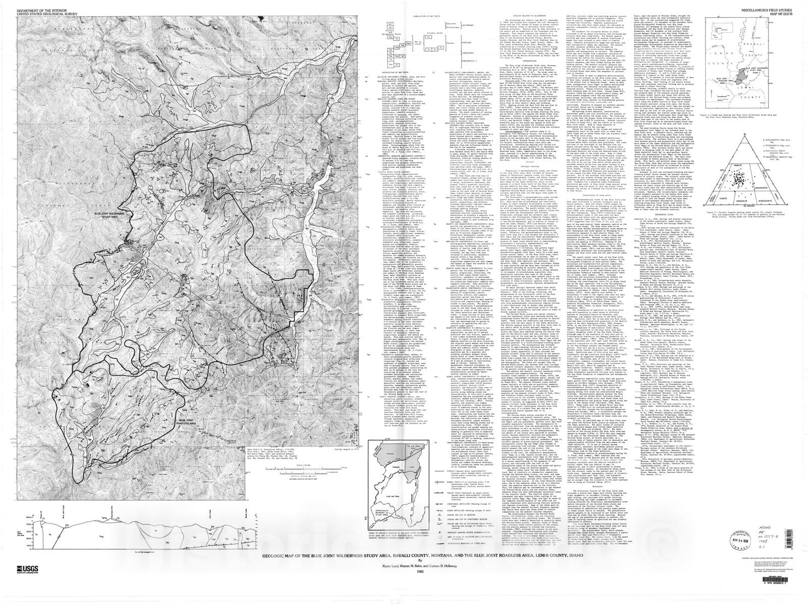 Map : Geologic map of the Blue Joint Wilderness Study Area, Ravalli County, Montana, and the Blue Joint Roadless Area, Lemhi County, Idaho, 1983 Cartography Wall Art :
