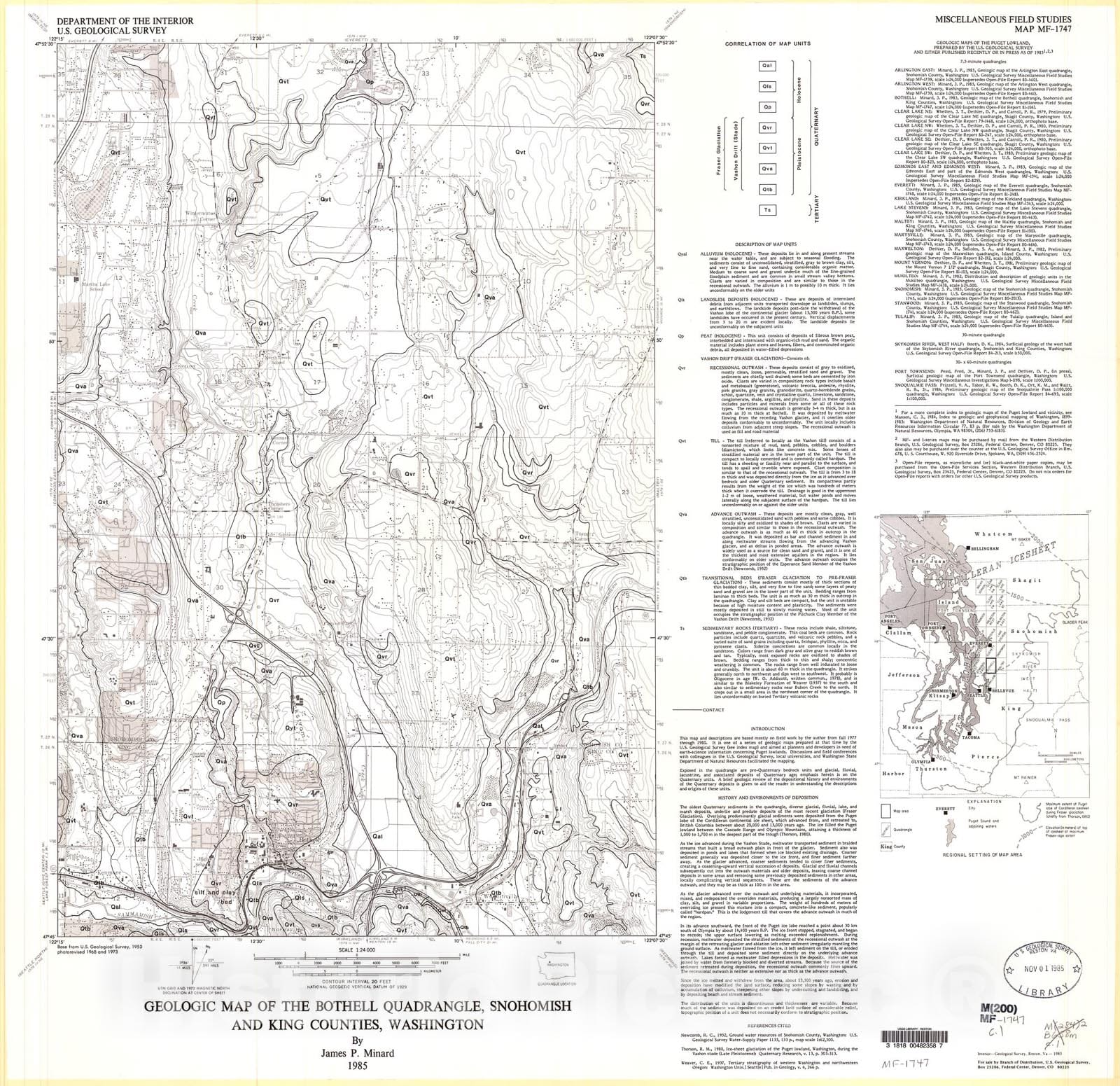 Map : Geologic map of the Bothell quadrangle, Snohomish and King Counties, Washington, 1985 Cartography Wall Art :