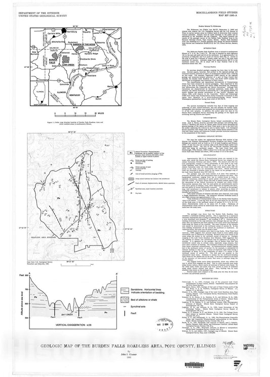 Map : Geologic map of the Burden Falls Roadless Area, Pope County, Illinois, 1983 Cartography Wall Art :