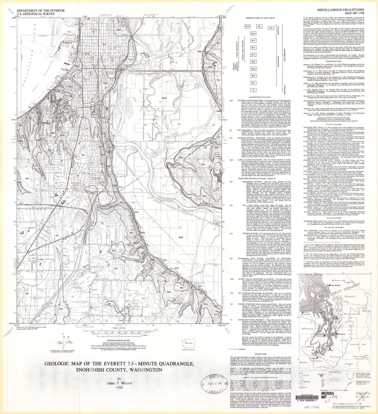 Map : Geologic map of the Everett 7.5 minute quadrangle, Snohomish County, Washington, 1985 Cartography Wall Art :
