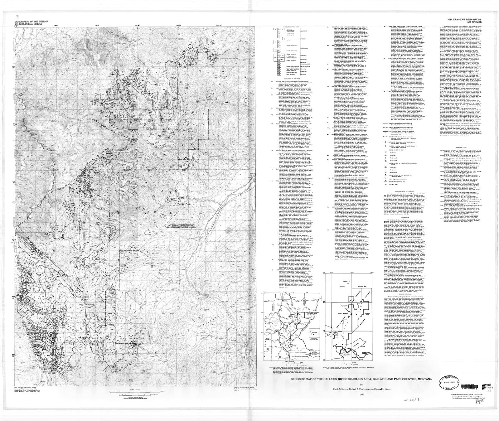 Map : Geologic map of the Gallatin Divide Roadless Area, Gallatin and Park Counties, Montana, 1985 Cartography Wall Art :