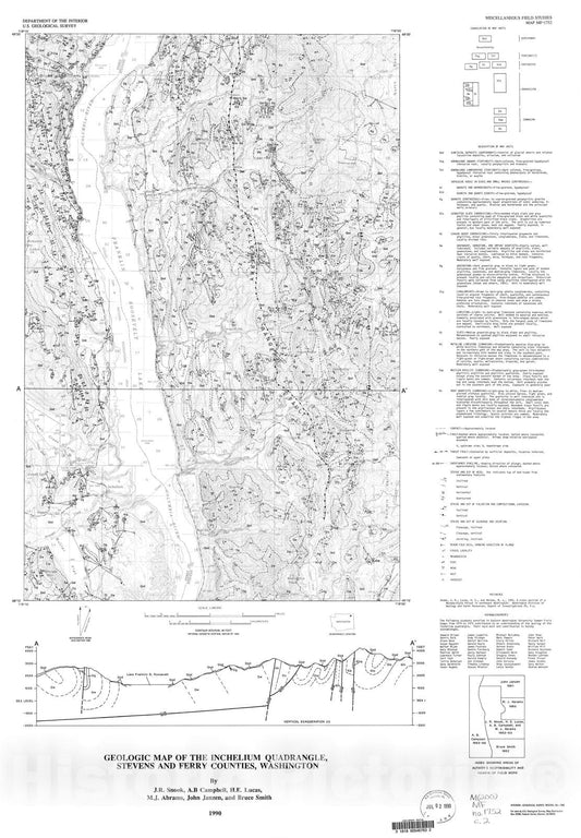 Map : Geologic map of the Inchelium quadrangle, Stevens and Ferry Counties, Washington, 1990 Cartography Wall Art :
