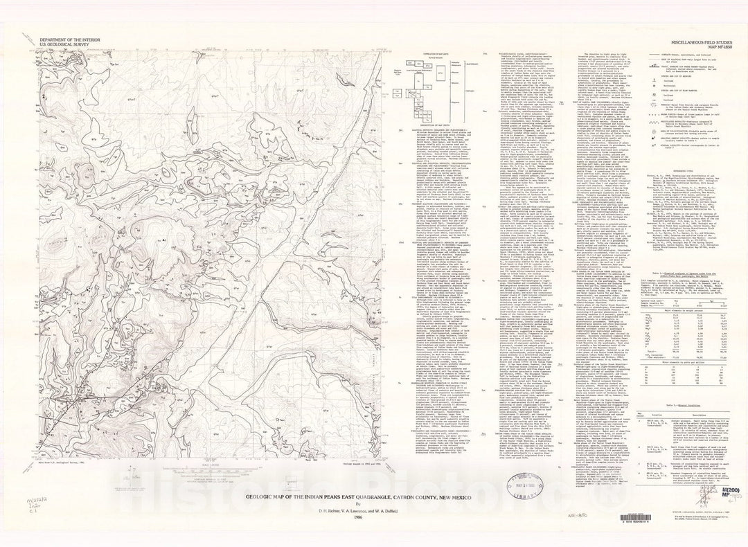Map : Geologic map of the Indian Peaks East quadrangle, Catron County, New Mexico, 1986 Cartography Wall Art :