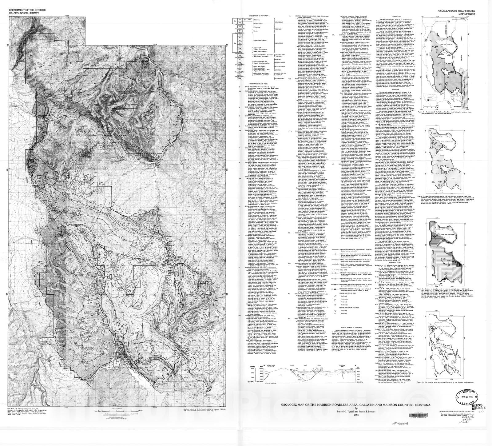 Map : Geologic map of the Madison Roadless Area, Gallatin and Madison Counties, Montana, 1985 Cartography Wall Art :