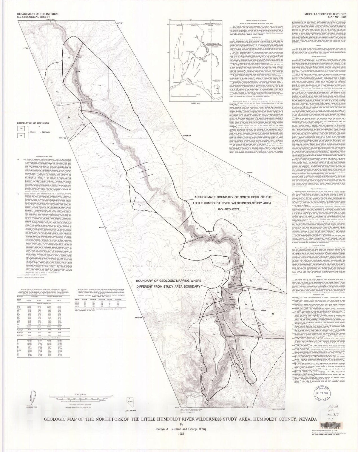 Map : Geologic map of the North Fork of the Little Humboldt River Wilderness Study Area, Humboldt County, Nevada, 1985 Cartography Wall Art :