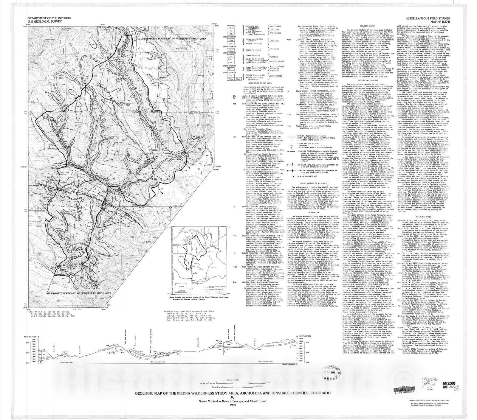 Map : Geologic map of the Piedra Wilderness Study Area, Archuleta and Hinsdale Counties, Colorado, 1984 Cartography Wall Art :