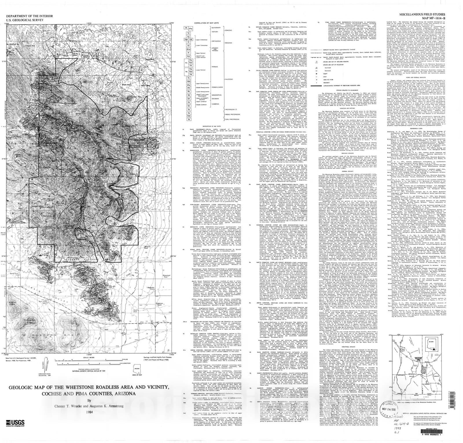 Map : Geologic map of the Whetstone Roadless Area and vicinity, Cochise and Pima Counties, Arizona, 1984 Cartography Wall Art :