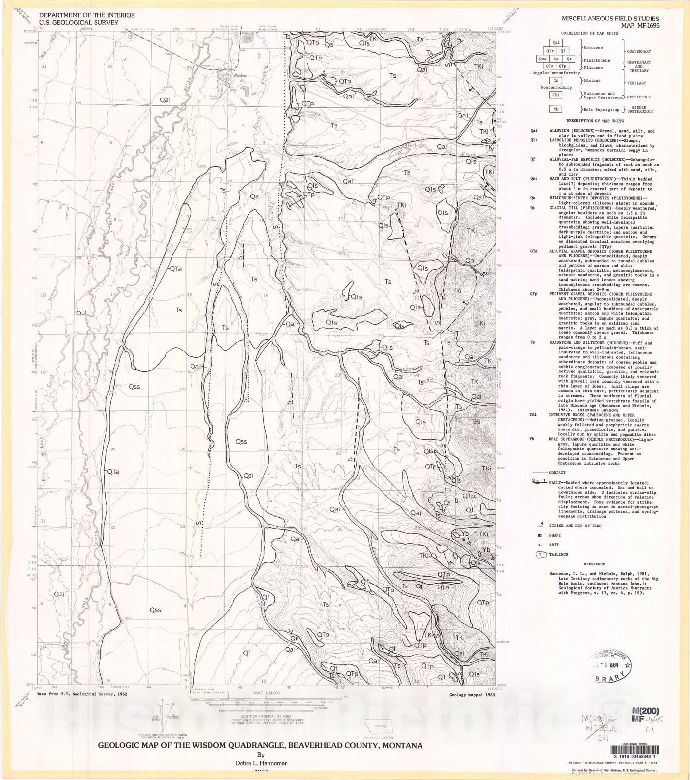 Map : Geologic map of the Wisdom quadrangle, Beaverhead County, Montana, 1984 Cartography Wall Art :