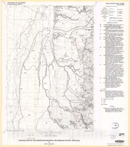 Map : Geologic map of the Wisdom quadrangle, Beaverhead County, Montana, 1984 Cartography Wall Art :