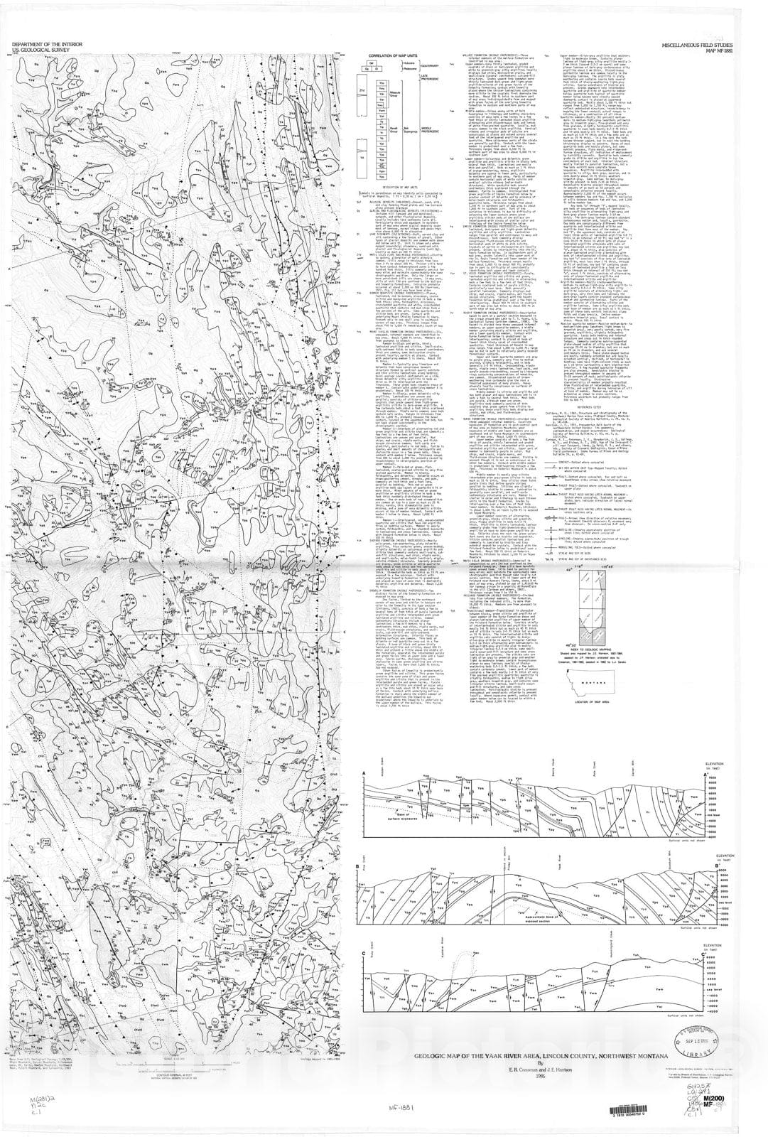 Map : Geologic map of the Yaak River area, Lincoln County, northwest Montana, 1986 Cartography Wall Art :