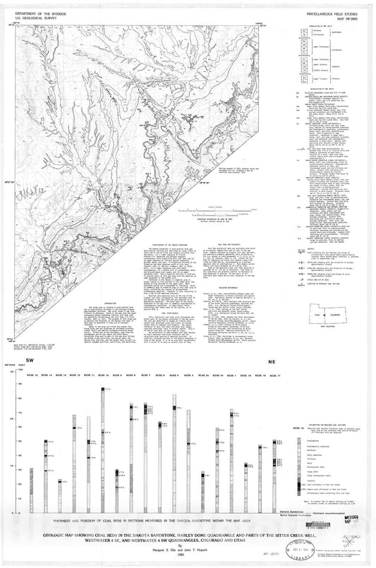 Map : Geologic map showing coal beds in the Dakota Sandstone, Harley Dome quadrangle and parts of the Bitter Creek Well, Westwater four SE,, 1985 Cartography Wall Art :