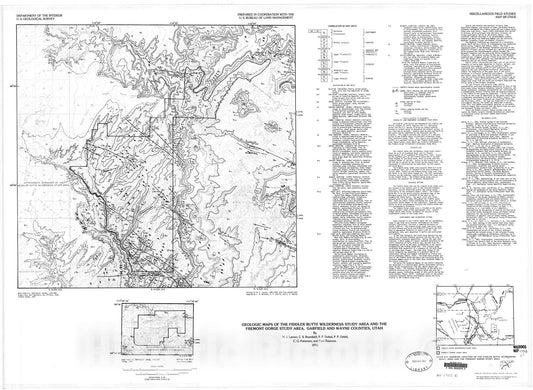 Map : Geologic maps of the Fiddler Butte Wilderness Study Area and the Fremont Gorge Study Area, Garfield and Wayne Counties, Utah, 1985 Cartography Wall Art :