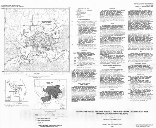 Map : Geology and mineral resource potential map of the Graham Creek Roadless Area, Angelina and Jasper Counties, Texas, 1983 Cartography Wall Art :