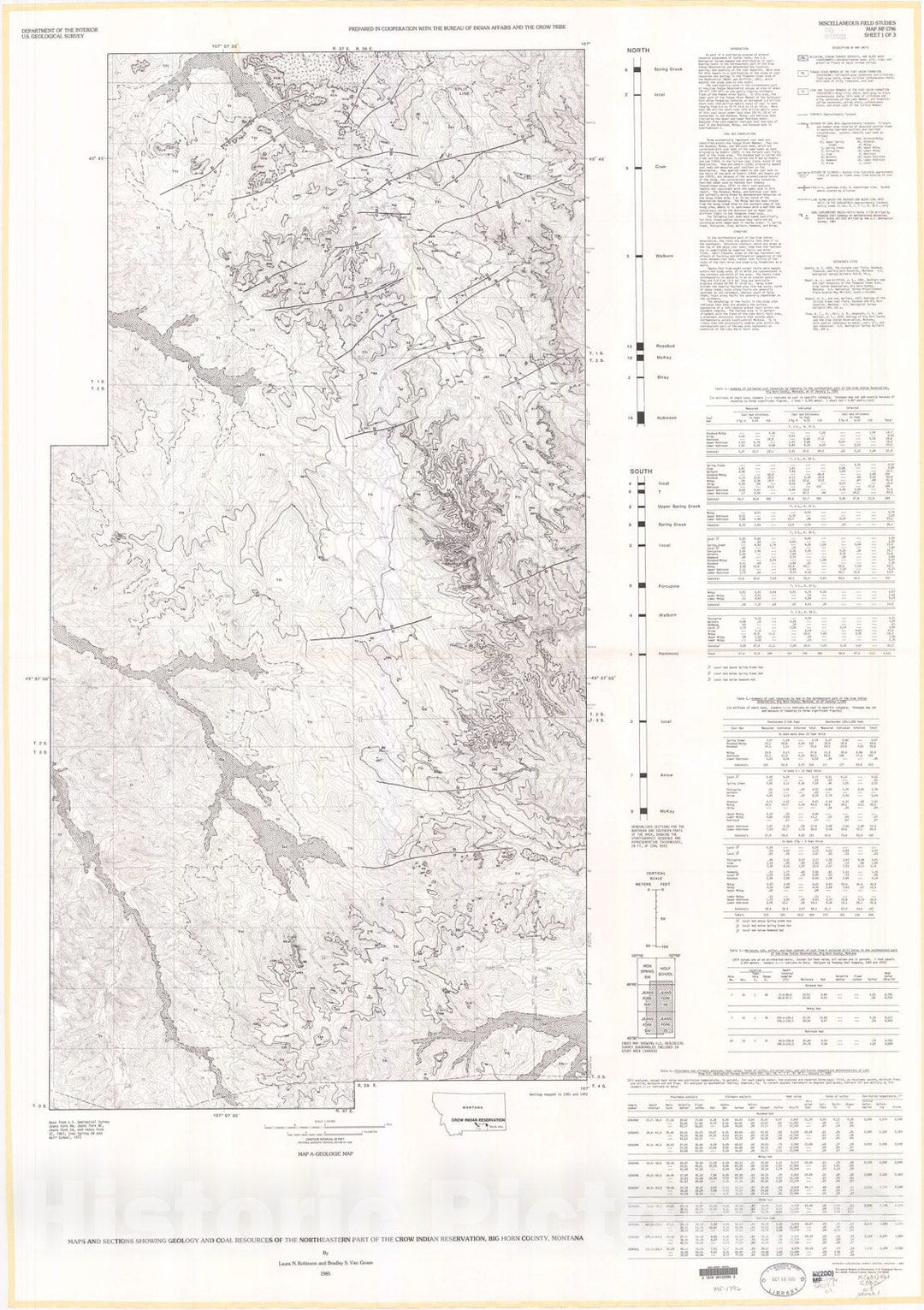 Map : Maps and sections showing geology and coal resources of the northeastern part of the Crow Indian Reservation Big Horn County, Montana, 1985 Cartography Wall Art :