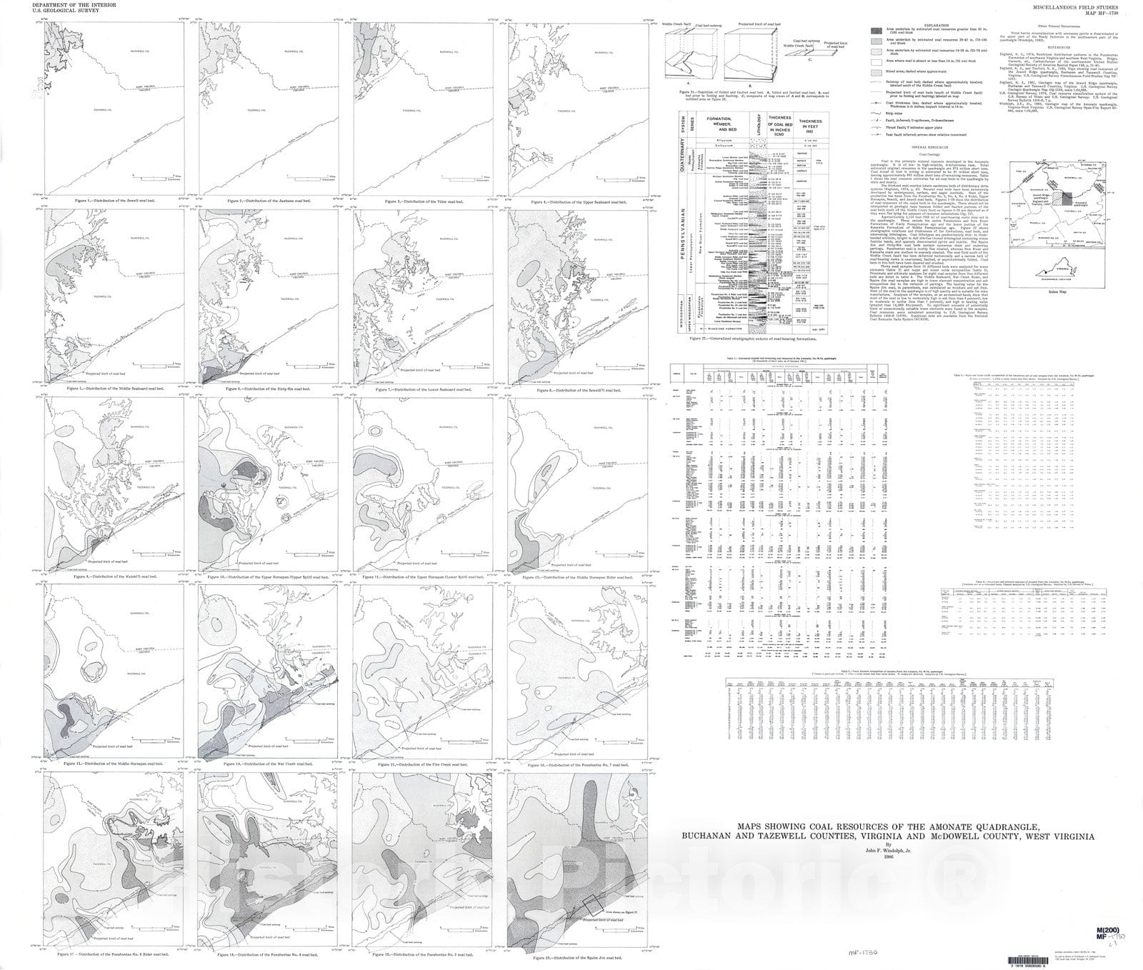 Map : Maps showing coal resources of the Amonate quadrangle, Buchanan and Tazewell Counties, Virginia and McDowell County, West Virginia, 1986 Cartography Wall Art :