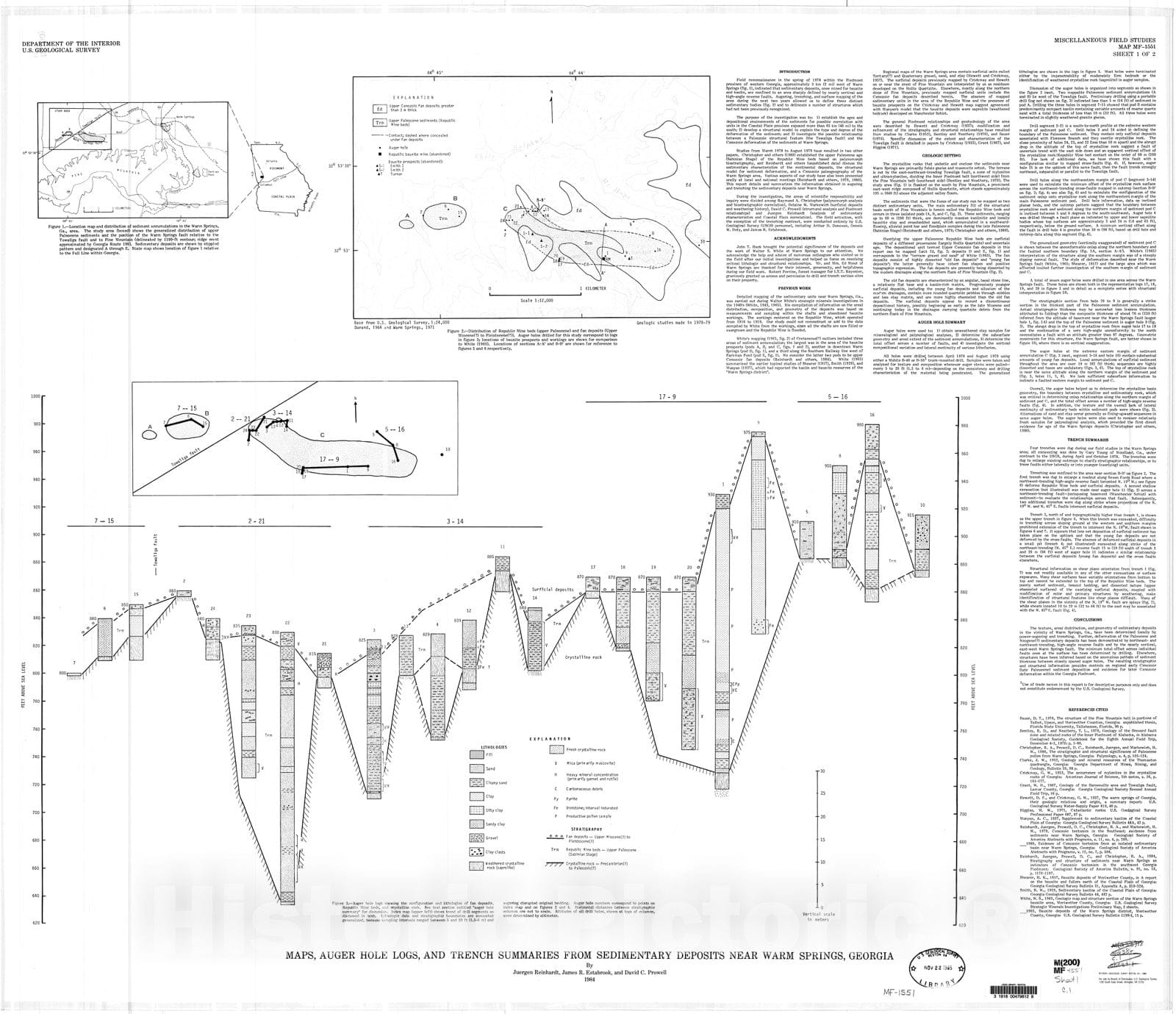 Map : Maps, auger hole logs, and trench summaries from sedimentary deposits near Warm Springs, Georgia, 1984 Cartography Wall Art :