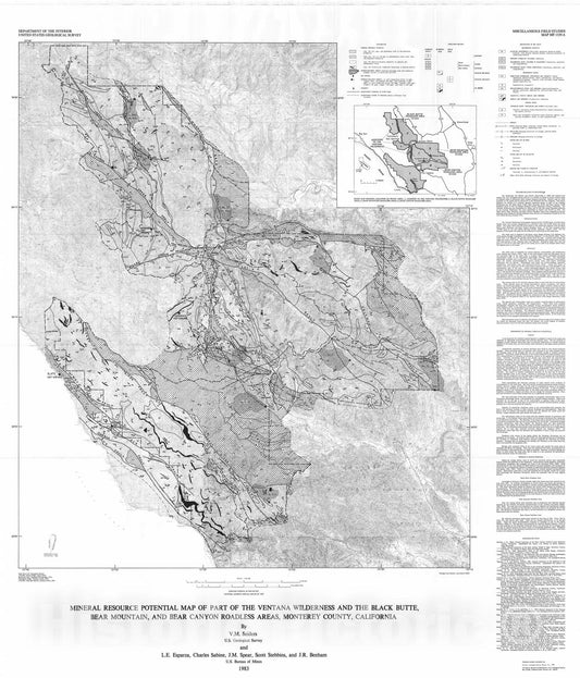 Map : Mineral resource potential map of part of the Ventana Wilderness and the Black Butte, Bear Mountain, and Bear Canyon Roadless, 1983 Cartography Wall Art :