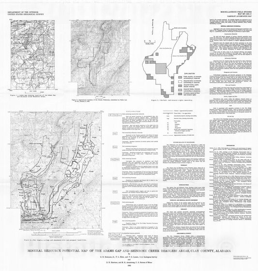 Map : Mineral resource potential map of the Adams Gap and Shinbone Creek Roadless Areas, Clay County, Alabama, 1983 Cartography Wall Art :