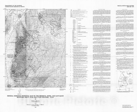 Map : Mineral resource potential map of the Birdseye, Nephi, and Santaquin Roadless Areas, Juab and Utah Counties, Utah, 1983 Cartography Wall Art :