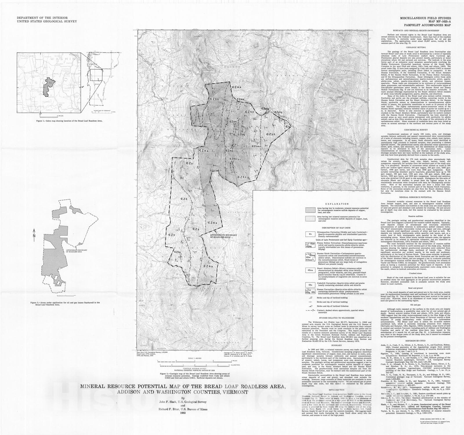 Map : Mineral resource potential map of the Bread Loaf Roadless Area, Addison and Washington Counties, Vermont, 1983 Cartography Wall Art :