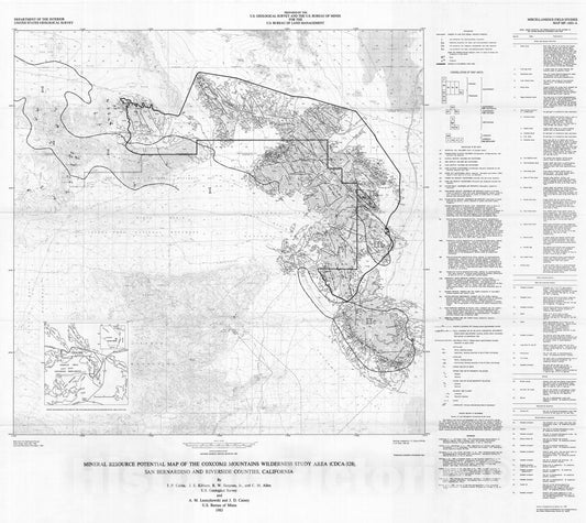 Map : Mineral resource potential map of the Coxcomb Mountains Wilderness Study Area (CDCA-328), San Bernardino and Riverside Counties, California, 1983 Cartography Wall Art :