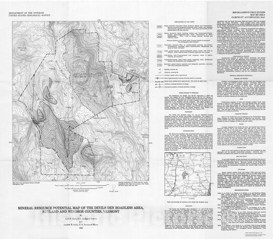 Map : Mineral resource potential map of the Devils Den Roadless Area, Rutland and Windsor Counties, Vermont, 1983 Cartography Wall Art :