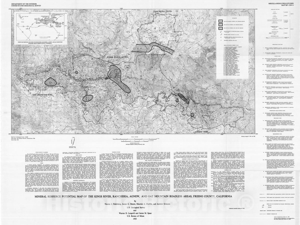 Map : Mineral resource potential map of the Kings River, Rancheria, Agnew, and Oat Mountain Roadless Areas, Fresno County, California, 1983 Cartography Wall Art :