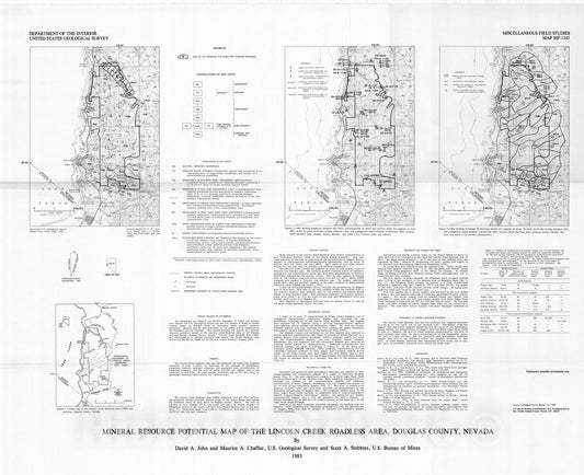 Map : Mineral resource potential map of the Lincoln Creek Roadless Area, Douglas County, Nevada, 1983 Cartography Wall Art :