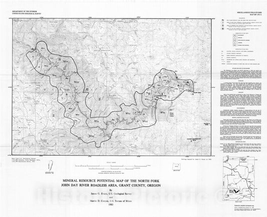 Map : Mineral resource potential map of the North Fork John Day River Roadless Area, Grant County, Oregon, 1983 Cartography Wall Art :