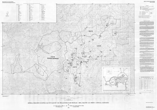 Map : Mineral resource potential map of the Orleans Mountain Roadless Area, Siskiyou and Trinity County, California, 1983 Cartography Wall Art :