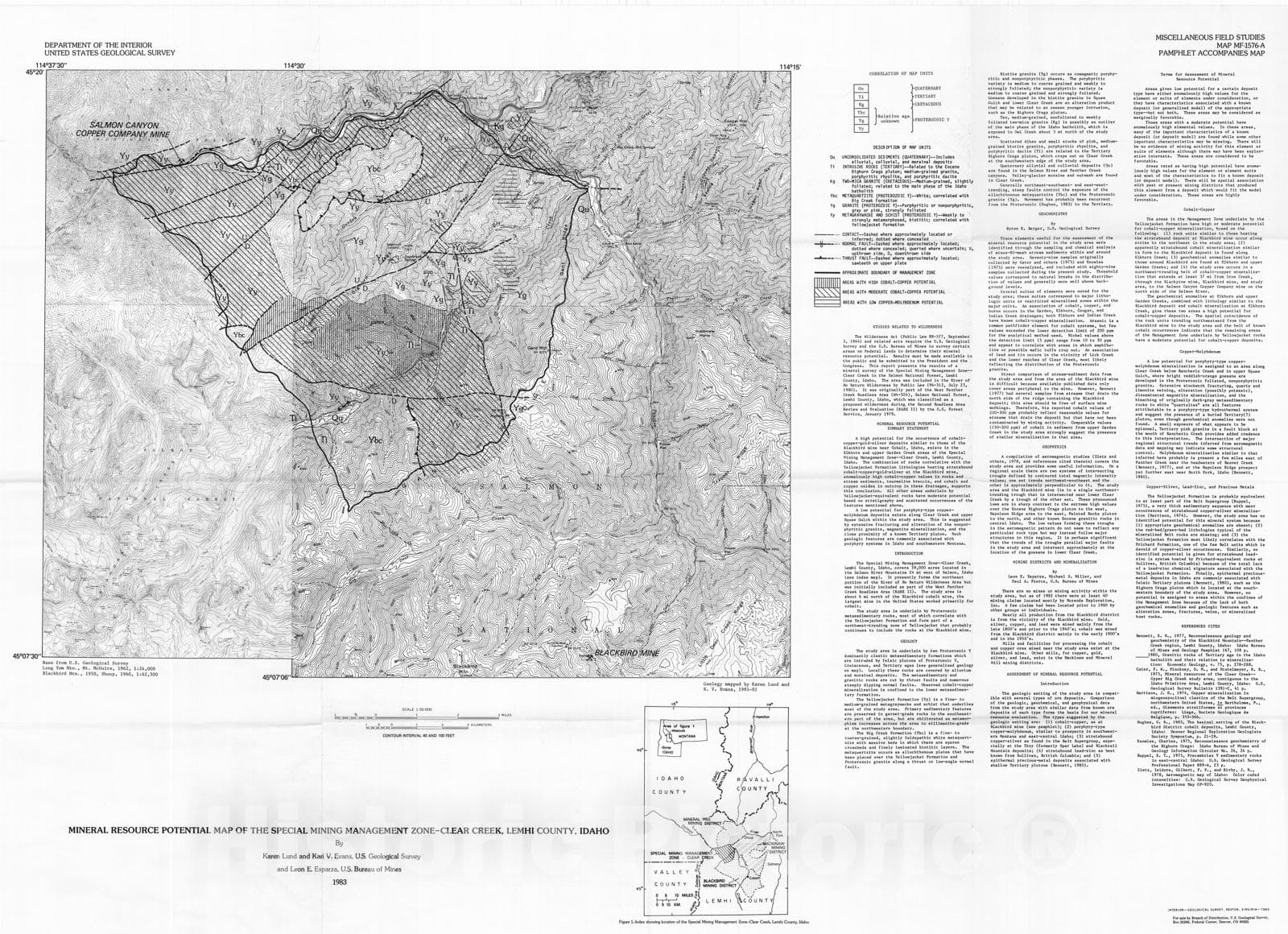 Map : Mineral resource potential map of the Special Mining Management Zone-Clear Creek, Lemhi County, Idaho, 1983 Cartography Wall Art :