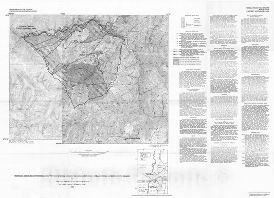 Map : Mineral resource potential map of the Special Mining Management Zone-Clear Creek, Lemhi County, Idaho, 1983 Cartography Wall Art :