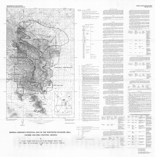 Map : Mineral resource potential map of the Whetstone Roadless Area, Cochise and Pima Counties, Arizona, 1983 Cartography Wall Art :