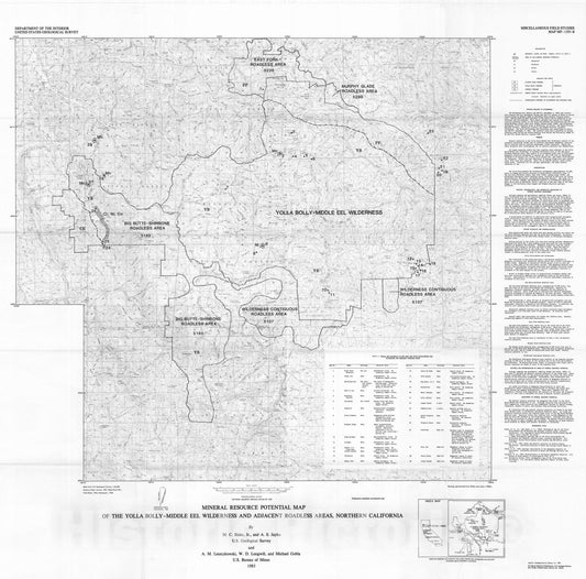 Map : Mineral resource potential map of the Yolla Bolly-Middle Eel Wilderness and adjacent roadless areas, northern California, 1983 Cartography Wall Art :