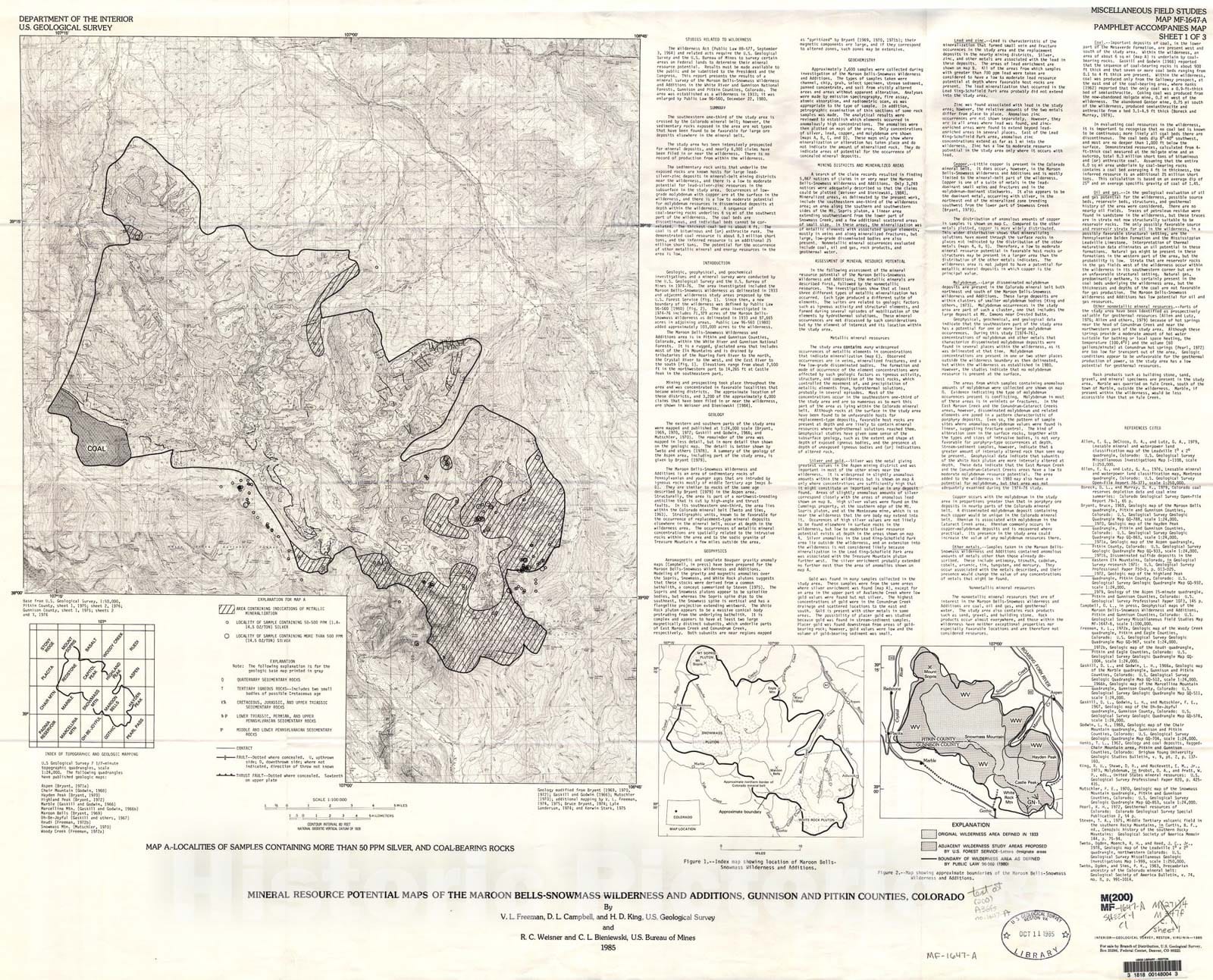 Map : Mineral resource potential maps of the Maroon Bells-Snowmass Wilderness and additions, Gunnison and Pitkin Counties, Colorado, 1985 Cartography Wall Art :