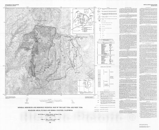 Map : Mineral resources and resource potential map of the East Yuba and West Yuba Roadless Areas, Plumas and Sierra Counties, California, 1986 Cartography Wall Art :